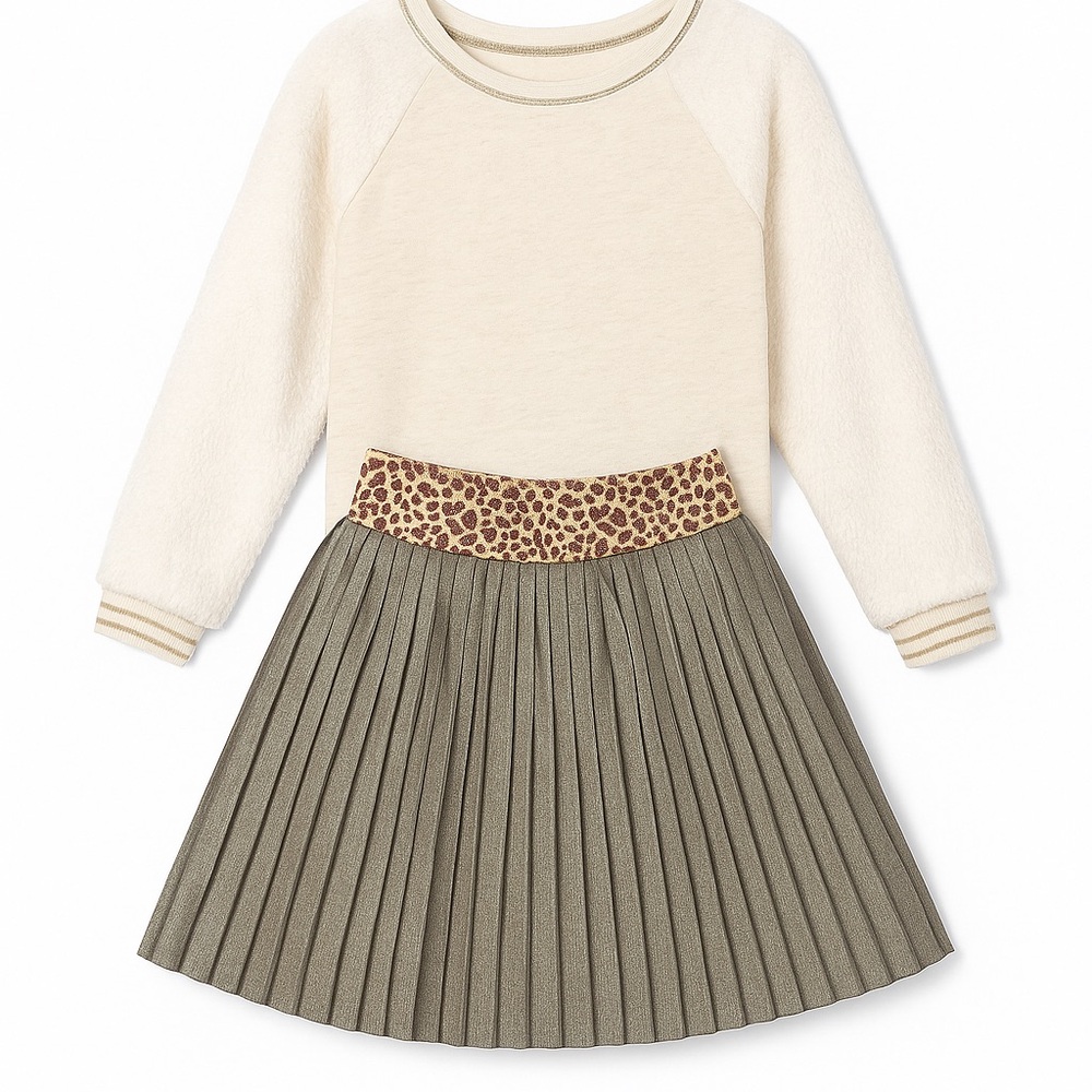 EGA-BABY BRAND Cream Faux-Fur Sleeve Sweater + Metallic Pleated Skirt – Size 7